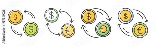 Hand-drawn icons illustrating currency exchange between dollars and euros.