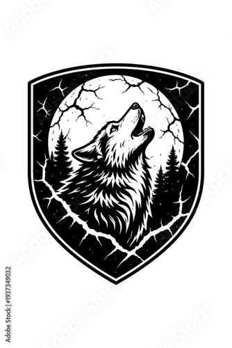Black and white illustration of a wolf howling at the moon in a shield shape with cracked moon and pine trees