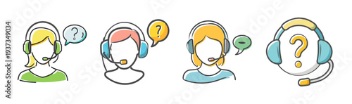Hand-drawn icons of customer support agents with headsets and question marks.