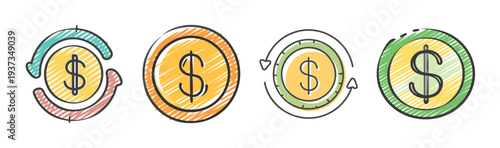 Collection of hand-drawn currency symbols and coin icons with circular arrows.