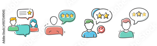 Customer feedback with star ratings and speech bubbles, representing testimonials and reviews.