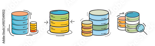 Database icons illustrating data storage, growth, and analysis with magnifying glass.