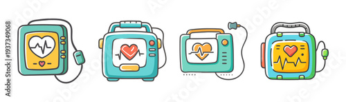 Set of four cartoon style defibrillator icons with heart rhythm and pulse lines.