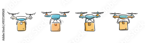 Four cartoon style delivery drones carrying packages, illustrating aerial logistics.