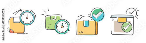 Delivery time icons with clocks and checkmarks indicating fast and completed shipping.