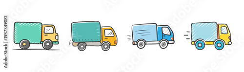 Set of four cartoon style delivery trucks in various colors and designs for transport.