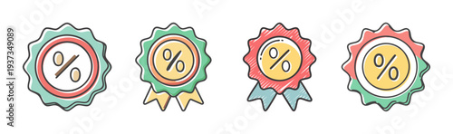 Four hand-drawn discount badges with percentage symbols, representing sales, offers, and special promotions.