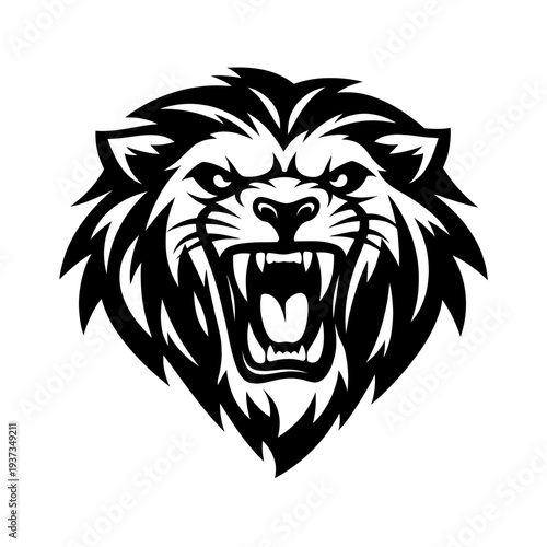 fierce lion head graphic with sharp teeth and menacing expression