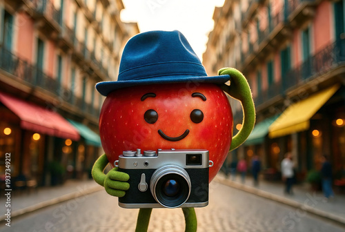 Cute red apple character wearing blue hat and holding vintage camera on city street. Fun conceptual 3D illustration for creative marketing and photography.