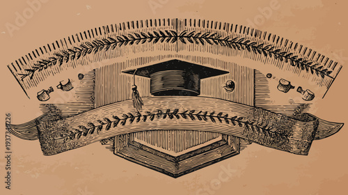 Black and brown vintage graduation-themed illustration with cap, scroll, and ribbon