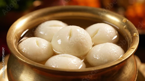 Close Up Of White Rasgulla Dessert In A Golden Bowl With Syrup And A Spoon