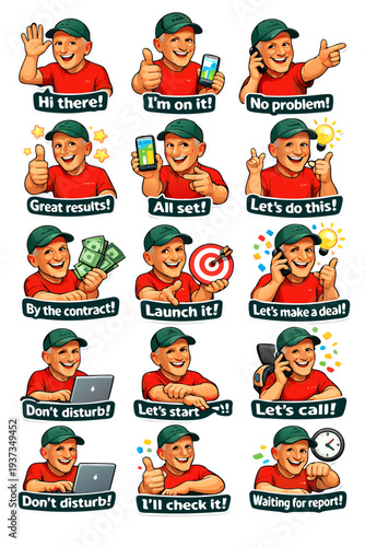 Cheerful Caucasian man in a red t-shirt and green cap with I'll, variety of professional stickers and business avatars, showing positive emotions and workplace tasks against a black background