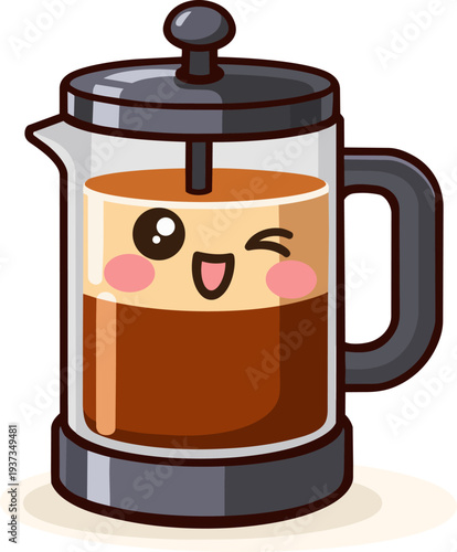 Kawaii-style French press illustration with coffee and a smiling face. Ideal for coffee-themed designs, kitchen accessories, and barista-related content.