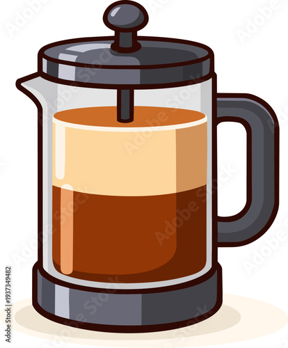 A French press coffee maker with freshly brewed coffee, showcasing dark coffee and foam. Ideal for coffee lovers, kitchenware designs, and barista-themed content.