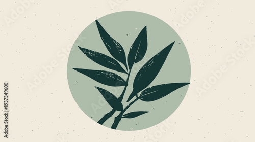 Minimalist botanical design with leaves inside a circle, set on a textured neutral background