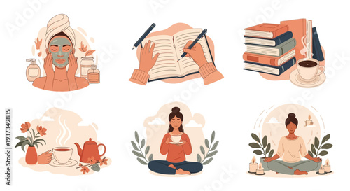 A collection of illustrations depicting self-care activities such as applying a face mask, journaling, reading, drinking tea, and meditating.