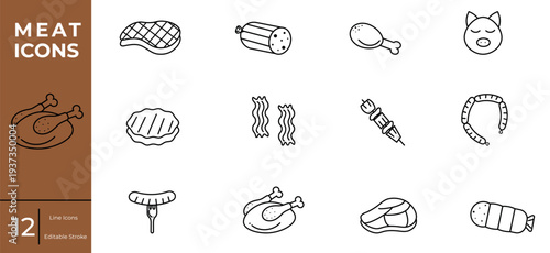 Set of 12 meat black icons in line style. Steak, ham, chicken, pig, rissole, bacon, shashlik, sausage on white background. Vector illustration