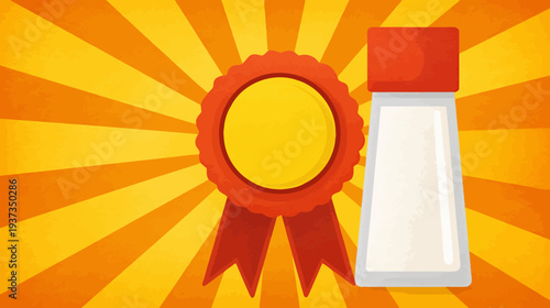 Illustration featuring a ribbon, salt shaker, and burst background in orange and yellow hues