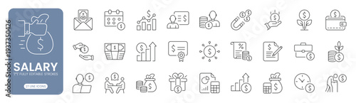 Salary and income web line icon set featuring payroll, payment, bonus, profit, compensation, earnings, financial, growth, investment and corporate money management. Editable stroke