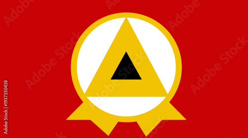 A red background with a central white circle containing a yellow triangle with black center, adorned with a yellow banner