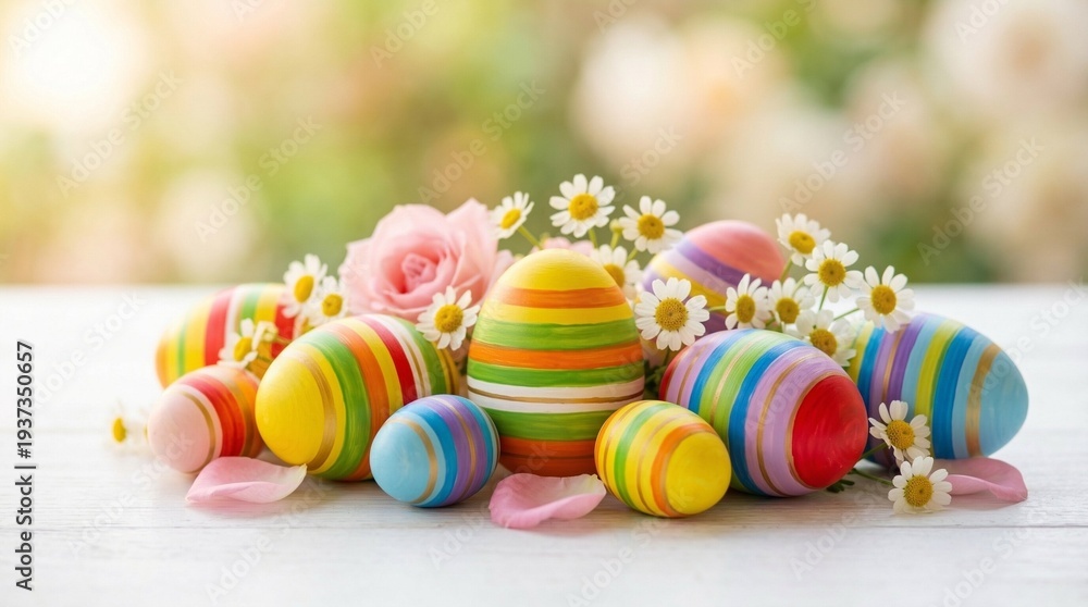 Fototapeta premium Assortment of striped Easter eggs with pink roses.