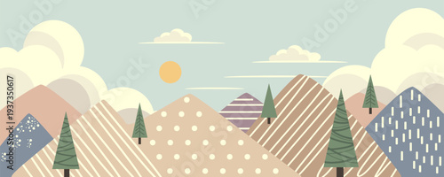 Scandinavian style geometric mountain landscape with pastel hills, abstract trees and sun. Minimal Nordic illustration in soft earthy colors, modern decorative background.