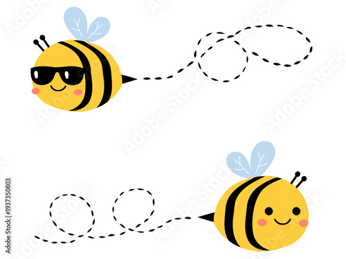 Cute cartoon bee illustration set with flying trail and sunglasses character.