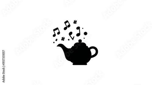 Black silhouette of a teapot with music notes floating upwards.  White background. Whimsical design