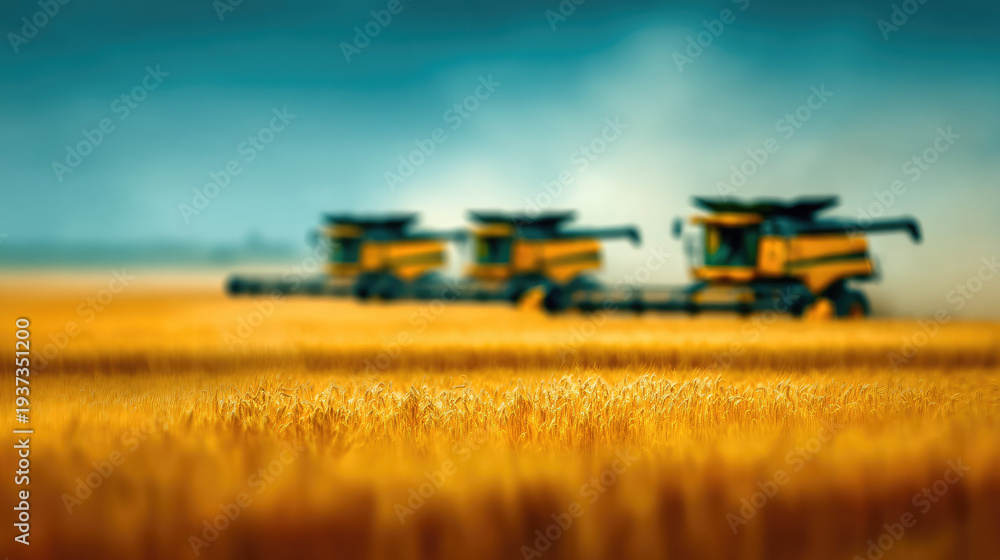 Fototapeta premium Blurred background of agricultural machinery harvesting wheat in a field, out-of-focus image, silhouettes of combines, yellow field, blue sky, harvest, tractor, farming, wheat ears