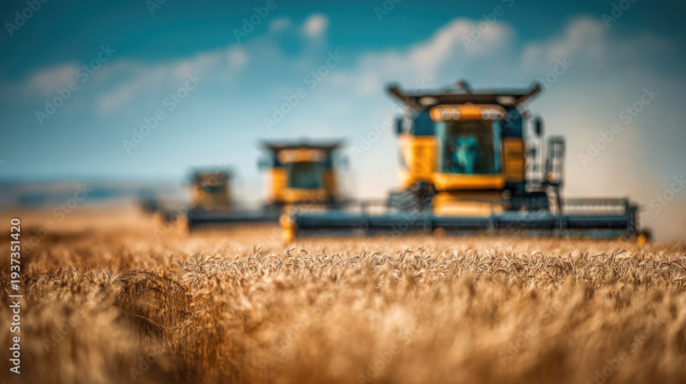 Fototapeta premium Blurred background of agricultural machinery harvesting wheat in a field, out-of-focus image, silhouettes of combines, yellow field, blue sky, harvest, tractor, farming, wheat ears