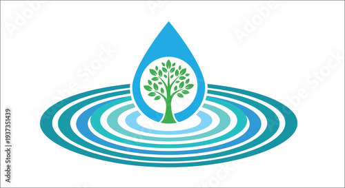 A vibrant logo featuring a water droplet containing a lush green tree