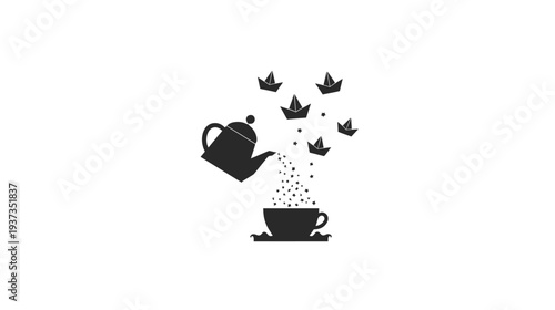 A whimsical depiction featuring a teapot pouring stars and paper boats into a cup on a white background