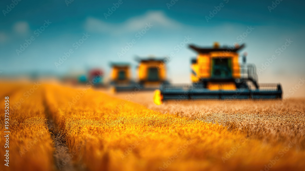 Fototapeta premium Blurred background of agricultural machinery harvesting wheat in a field, out-of-focus image, silhouettes of combines, yellow field, blue sky, harvest, tractor, farming, wheat ears