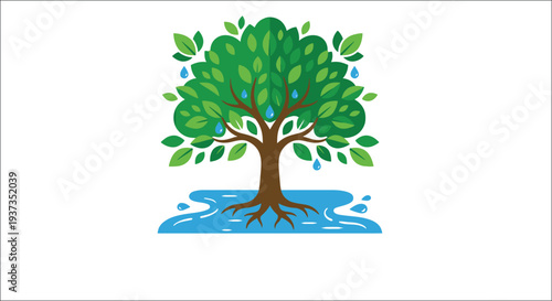 A vibrant green tree with water droplets and surrounding blue water