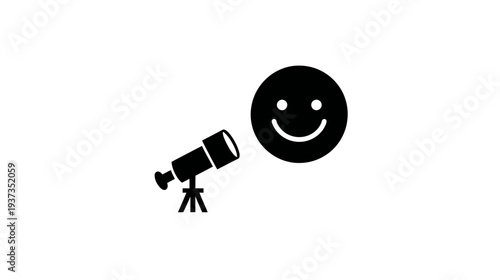 Black graphic of a telescope looking at a smiling face on a white background
