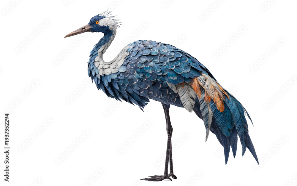 Obraz premium Elegant blue crane standing in graceful posture showcasing fine feather detail and natural avian beauty with soft lighting and refined presentation isolated on transparent background PNG