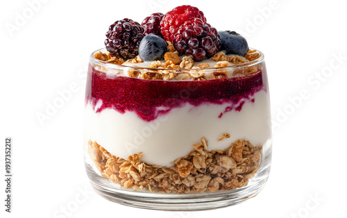 Fresh berry parfait layered with smooth yogurt and crispy granola representing a nutritious and visually appealing dessert with rich textures isolated on transparent background PNG