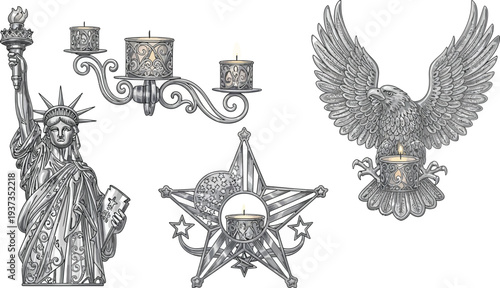 Engraved patriotic metal ornaments feature the Statue of Liberty, an eagle holding a candle, and a star-shaped candle holder.