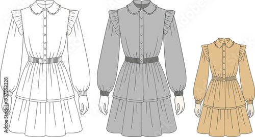 Women’s tiered dress with ruffle shoulders, long sleeves, peter pan collar, fashion flat sketch, front view, technical garment design

 flat vector illustration