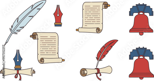 A collection of historical writing tools including quills, ink nibs, rolled parchment scrolls, and Liberty Bell icons are.