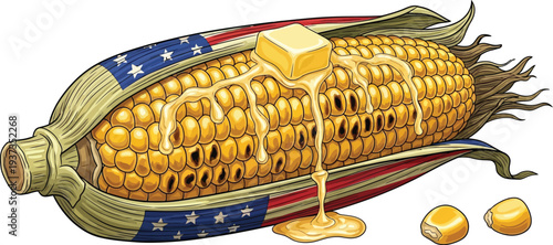 A single cooked ear of corn covered in melting butter rests against a husk decorated with American flag elements.