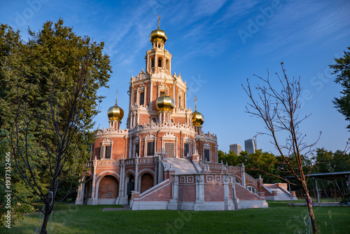 Church of the Intercession in Fili, Moscow with golden domes and Naryshkin baroque architecture
