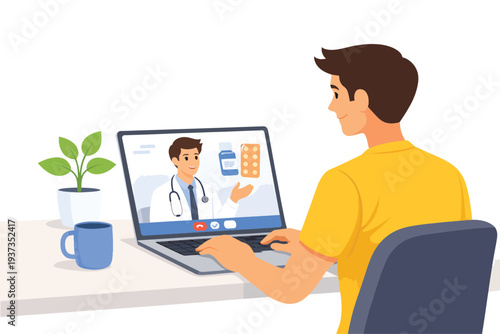 Online Doctor Consultation on Laptop – Telemedicine, Virtual Healthcare Appointment and Remote Medical Advice Vector Illustration