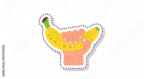 Baby hand grasping silicone banana teether with colorful outline  