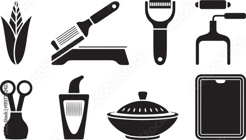 Black and white kitchen and grooming tools simple flat kitchenware