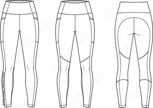 High waist activewear leggings technical flat, workout pants front side back view, fashion sketch, fitness tights template, gymwear illustration

 flat vector illustration