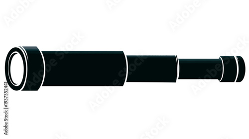 A black, white-outlined, extended, telescope illustration against a blank white backdrop