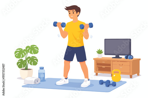 Man Lifting Dumbbells at Home – Strength Training, Home Workout and Fitness Lifestyle Vector Illustration