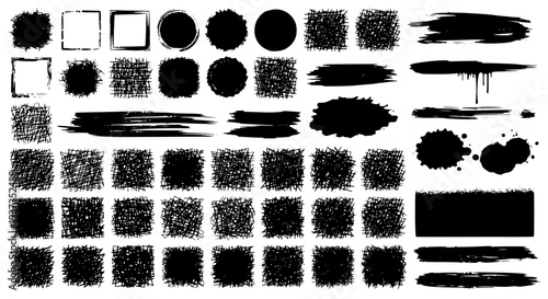 Ink pen scrawl and brush strokes collection - various rectangular shapes of hand drawn scribble line drawings. Transparent background SVG version.