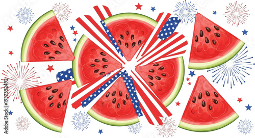 Slices of watermelon are decorated with American flag patterns and surrounded by star shaped fireworks on a white background.